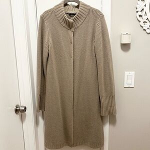 Sisley Cardigan Sweater Duster Women’s L 100% Wool Beige Tan Ribbed Knit Italy